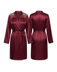Linsori Plum Satin Embroidered Robe - White background view