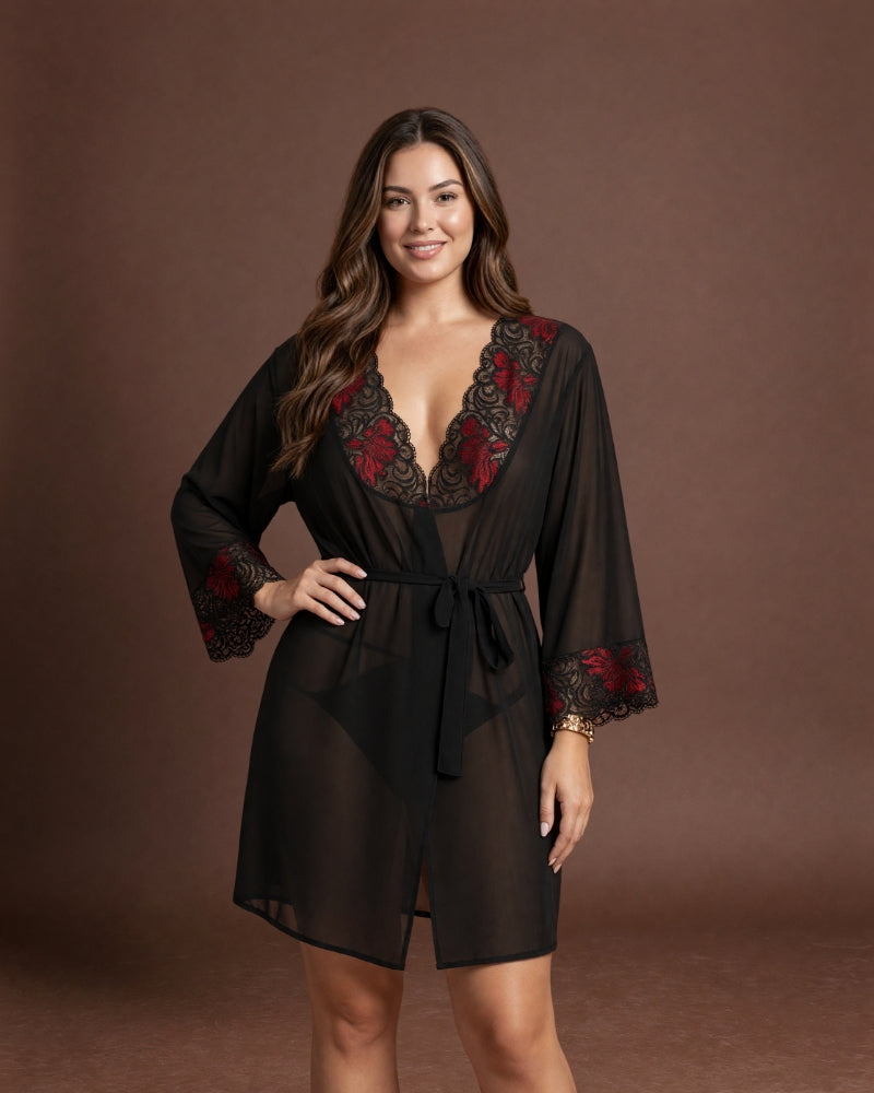 Linsori Noir Chiffon Robe with Lace -  Styled view