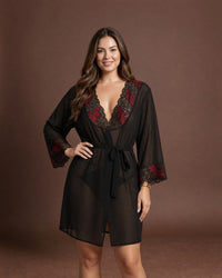 Linsori Noir Chiffon Robe with Lace -  Styled view
