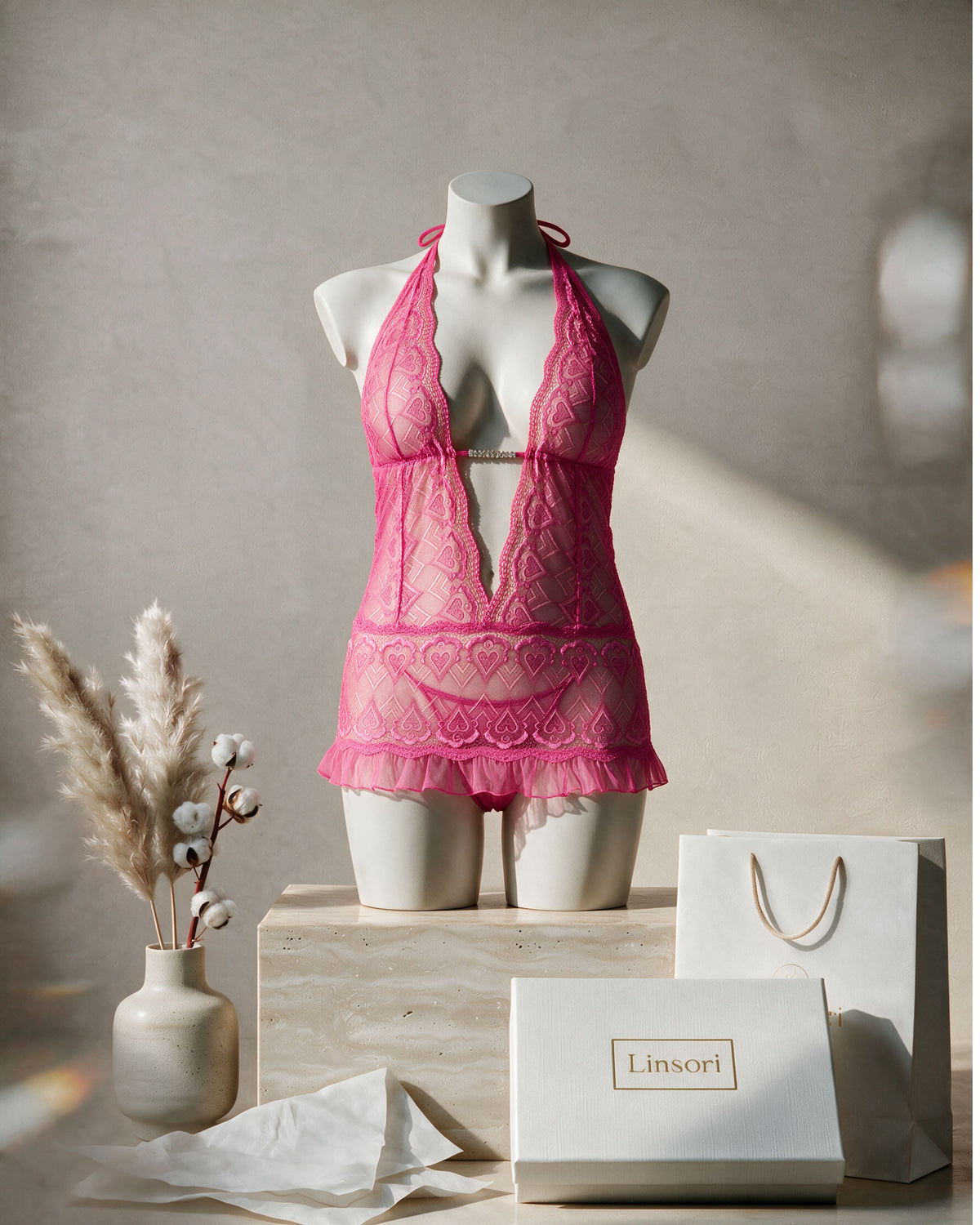 Linsori Hot Pink Rhinestone Babydoll - Mannequin View