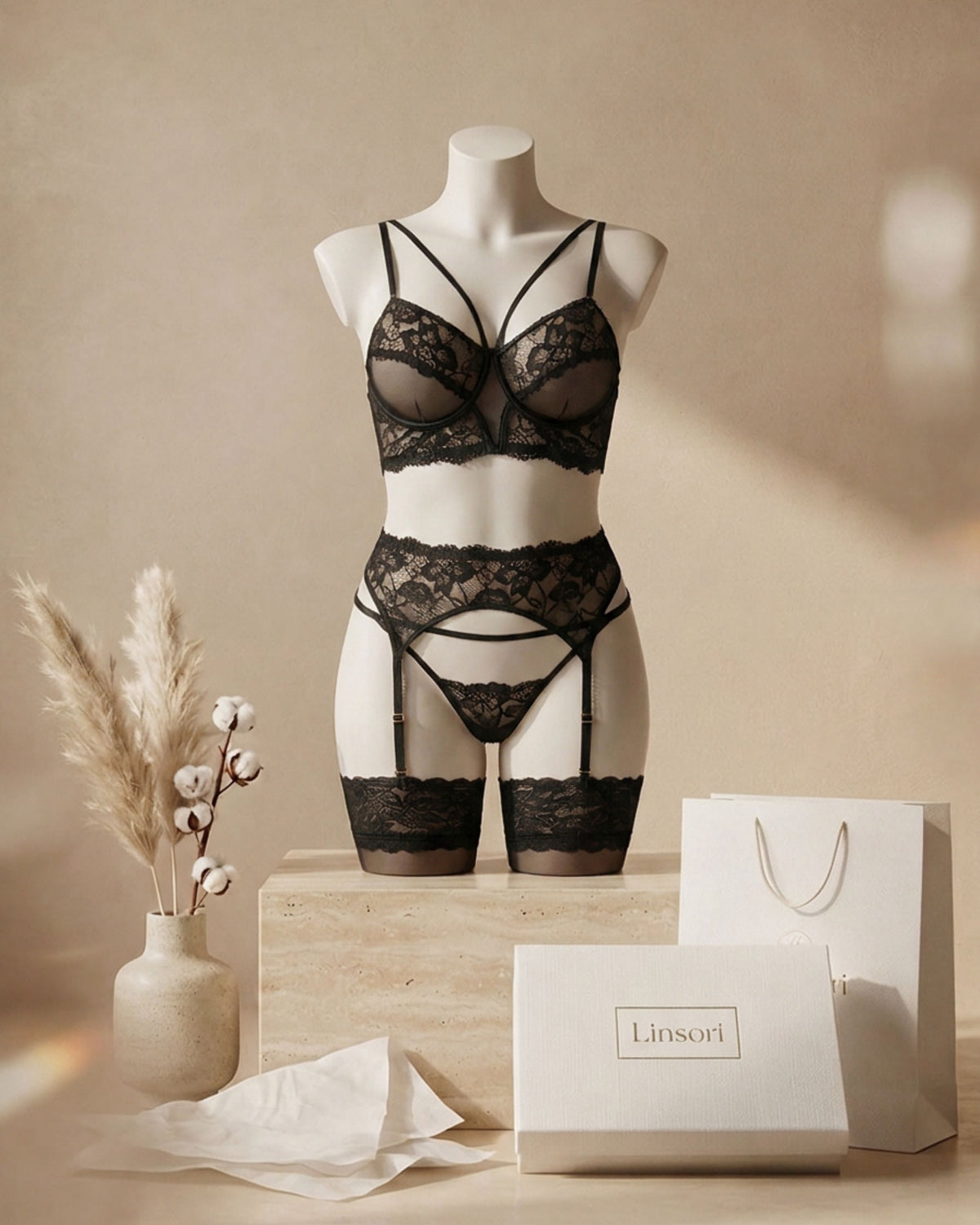 Linsori Noir Ribbon Lace Bra, Thong & Suspender Set - mannequin view