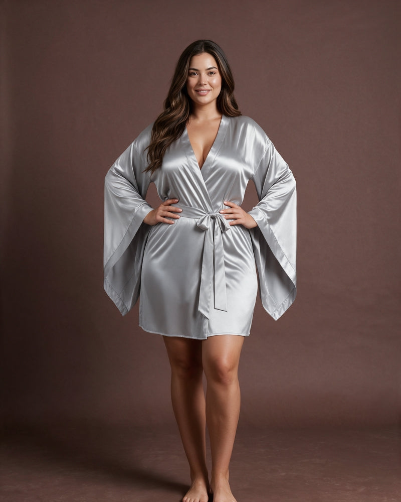 Linsori Silver Satin Flowing Peignoir Set - Styled view