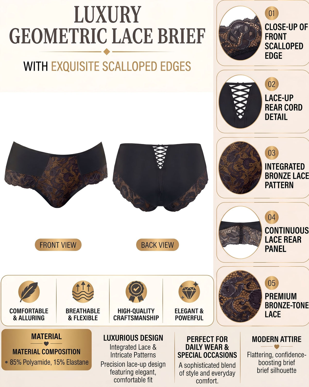 Linsori Noir Lace Ribbon Floral Lace Brief -  Product detail view