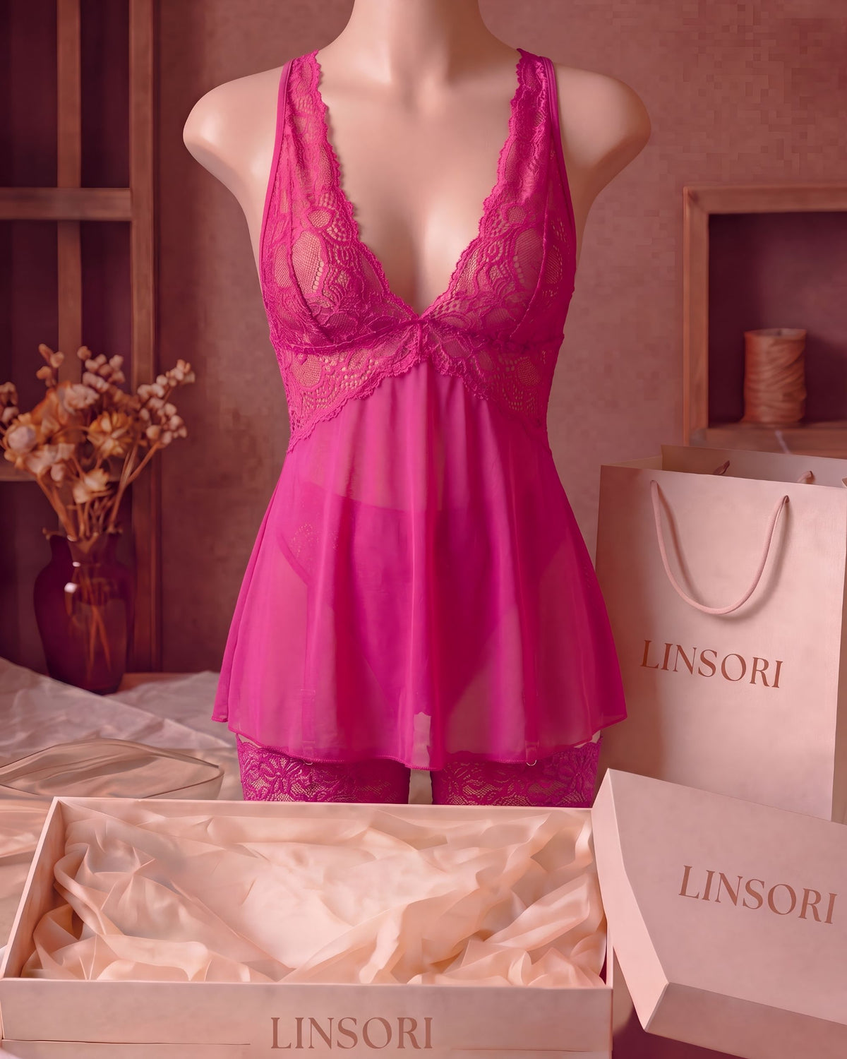 Linsori Rose Heart Lace Chemise Piece - Mannequin View