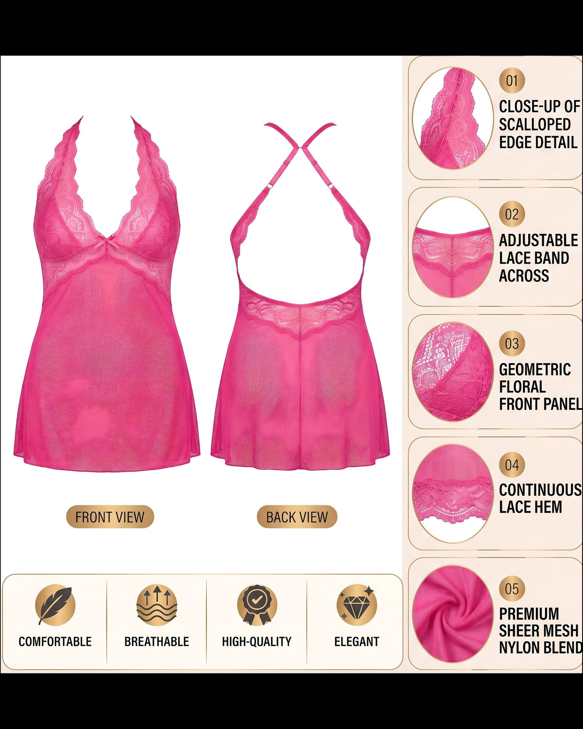 Linsori Rose Heart Lace Chemise Piece -  Product detail view