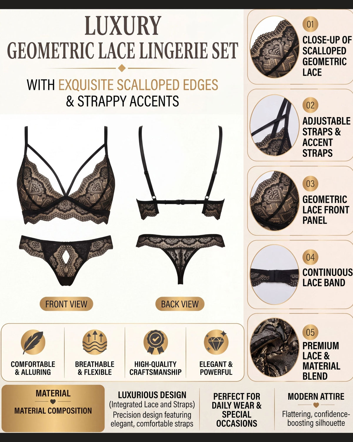 Linsori Noir Floral Lace Bra Delicate Set Plus Size -  Product detail view