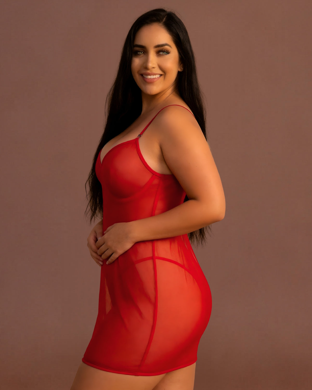 Linsori Crimson Mesh Strappy Lingerie Set — Plus Size -  Left view