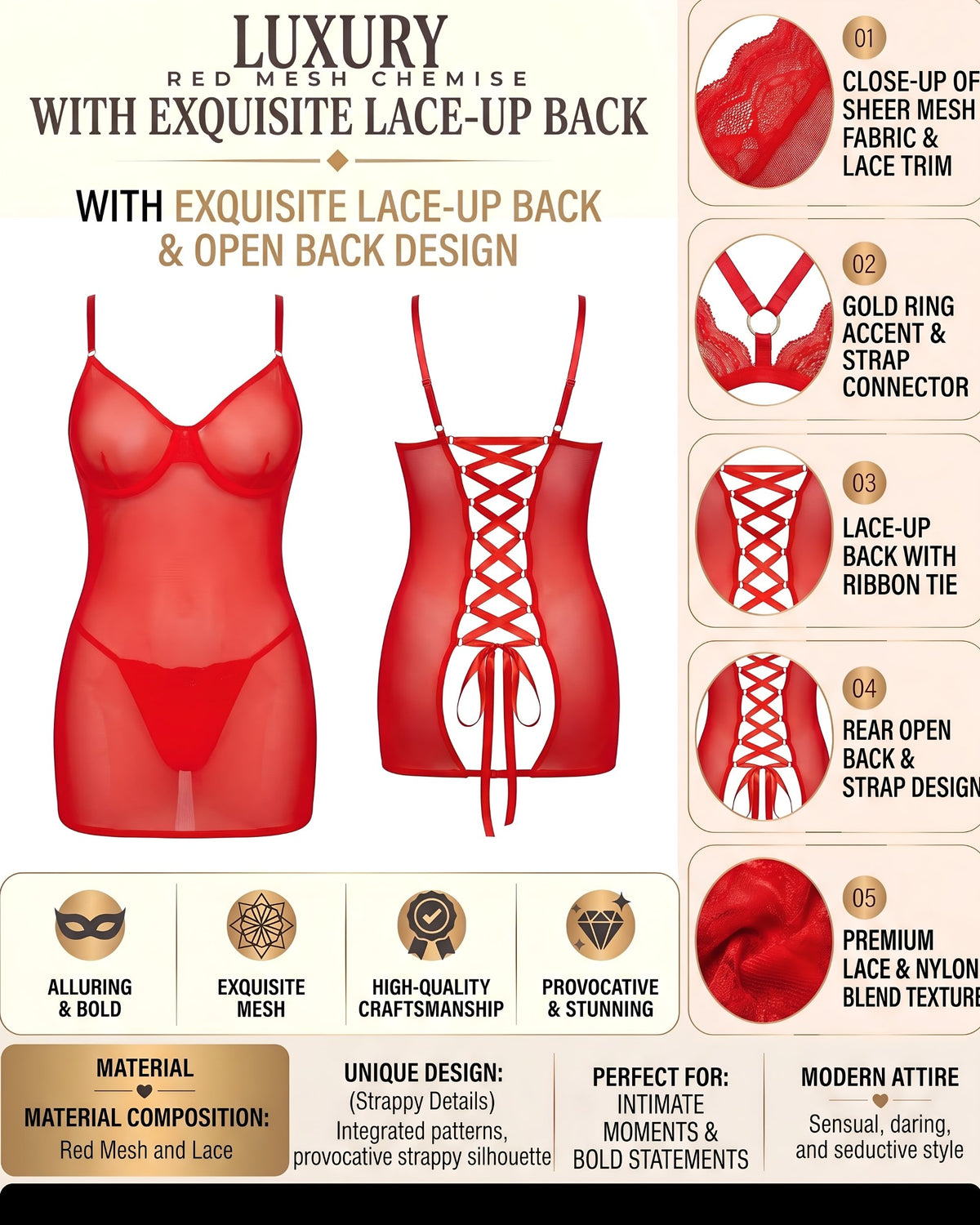 Linsori Crimson Mesh Strappy Lingerie Set — Plus Size -  Product detail view