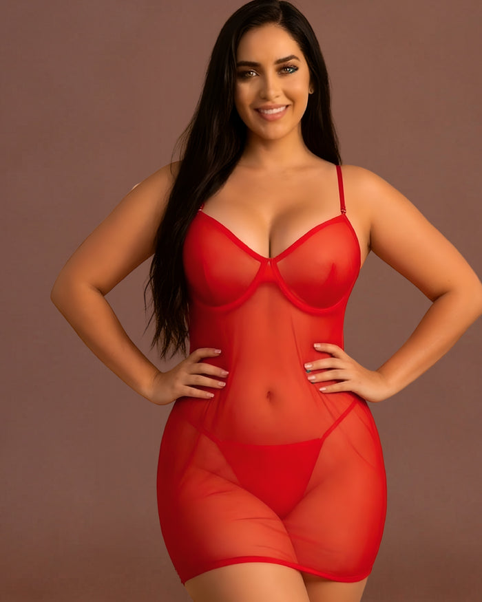 Linsori Crimson Mesh Strappy Lingerie Set — Plus Size - Front view 