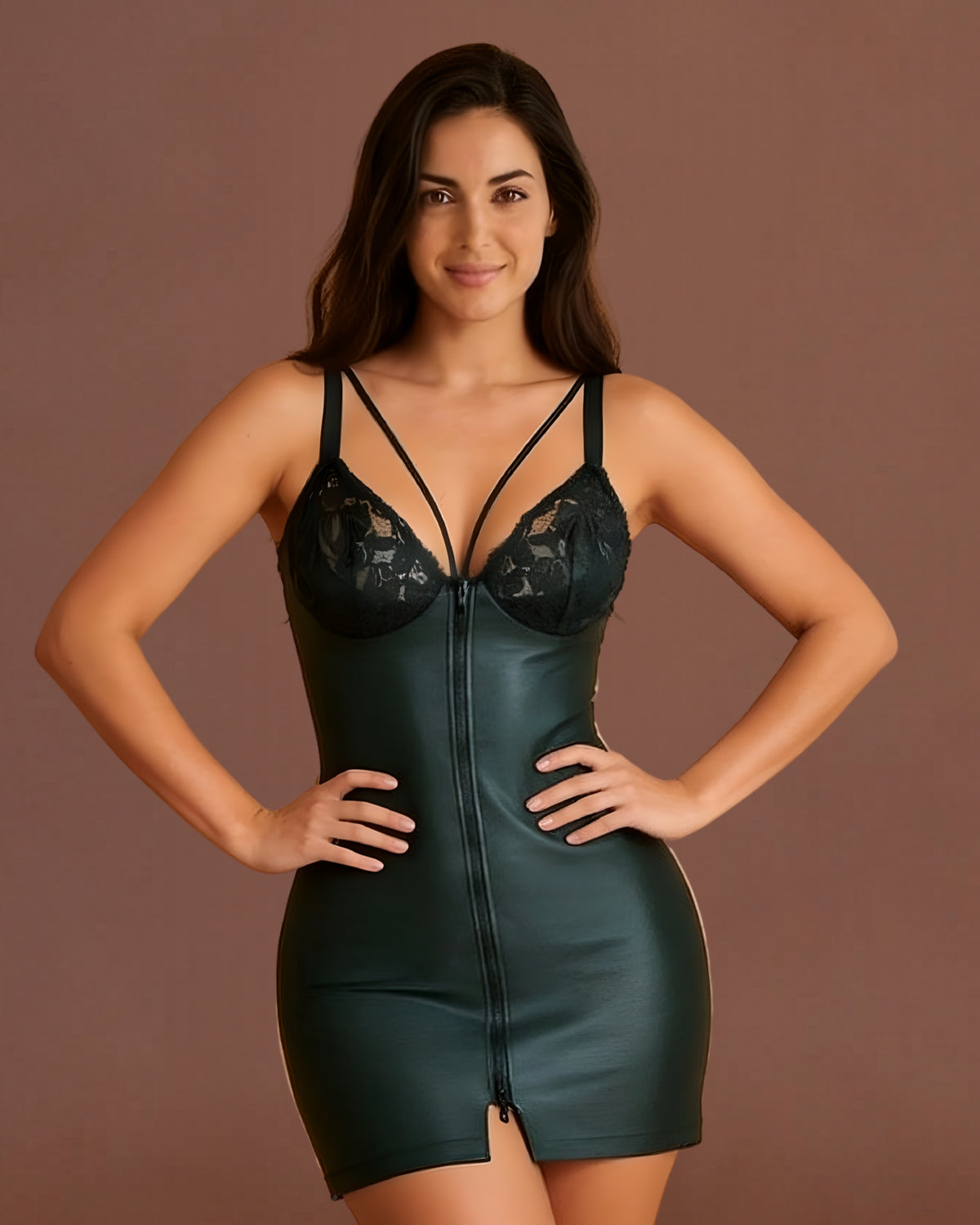 Linsori Noir Leather Lace Mini Dress - Front view 