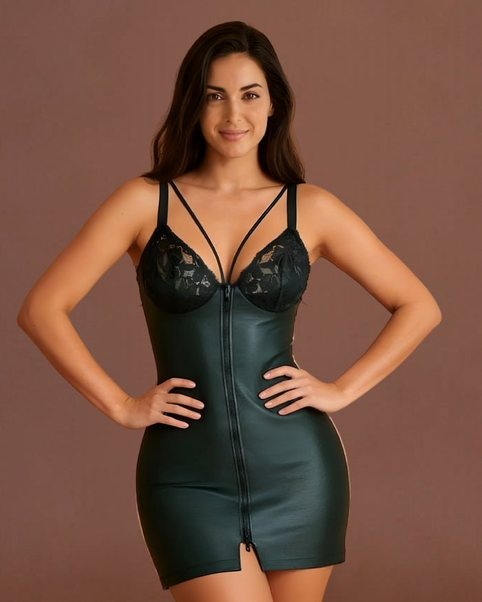 Linsori Noir Leather Lace Mini Dress - Front view 