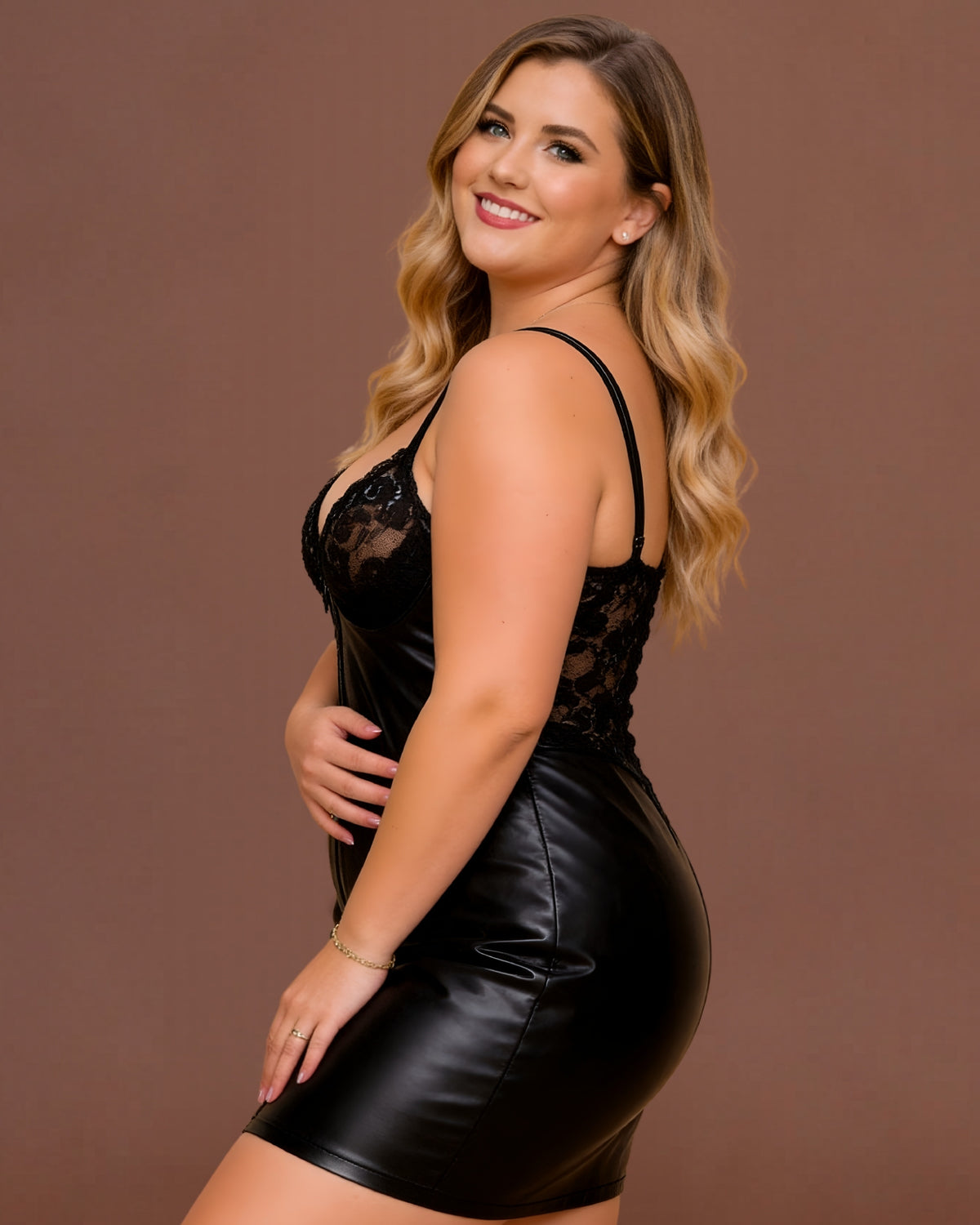 Linsori Shadow Leather Lace Mini Dress Plus Size -   Left view