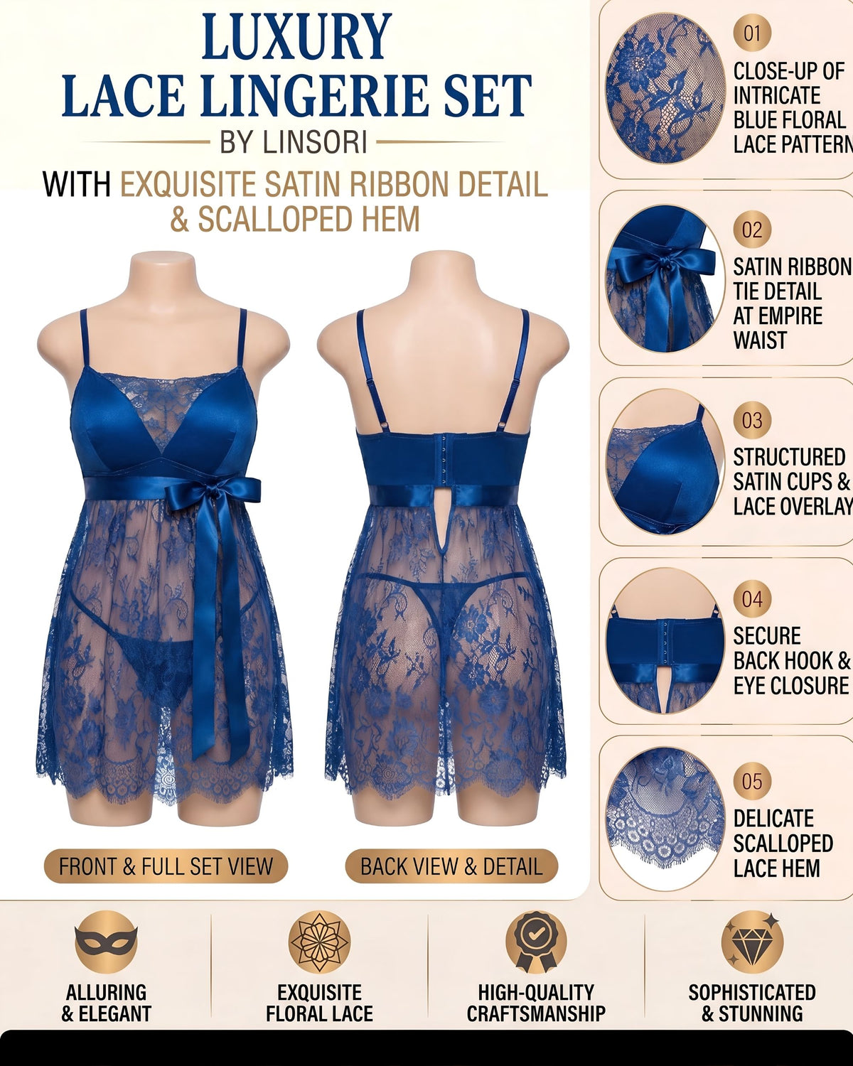 Linsori Sapphire Eyelash Lace Nightdress -  Product detail view