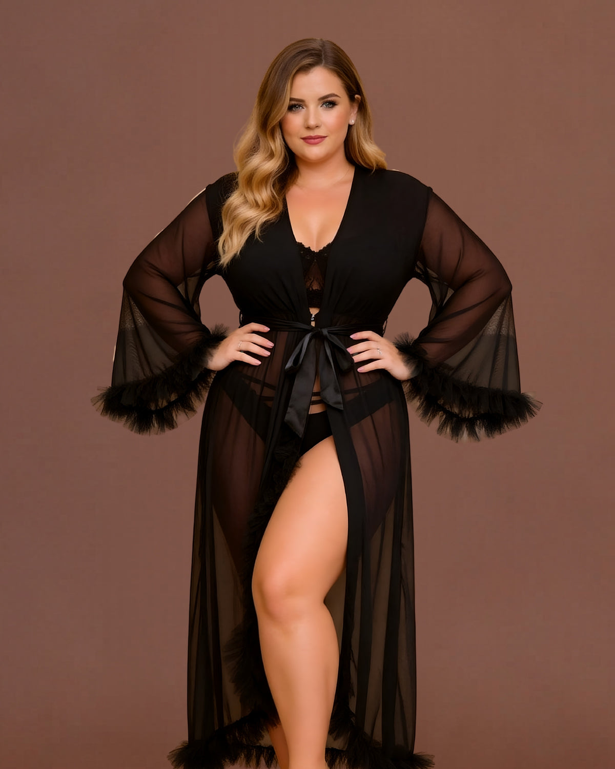 linsori - Noir Sheer Floral Lace Robe Plus Size - front view