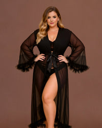 linsori - Noir Sheer Floral Lace Robe Plus Size - front view