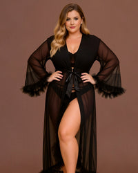 Linsori - Noir Sheer Ruffled Evening Robe Plus Size - front view