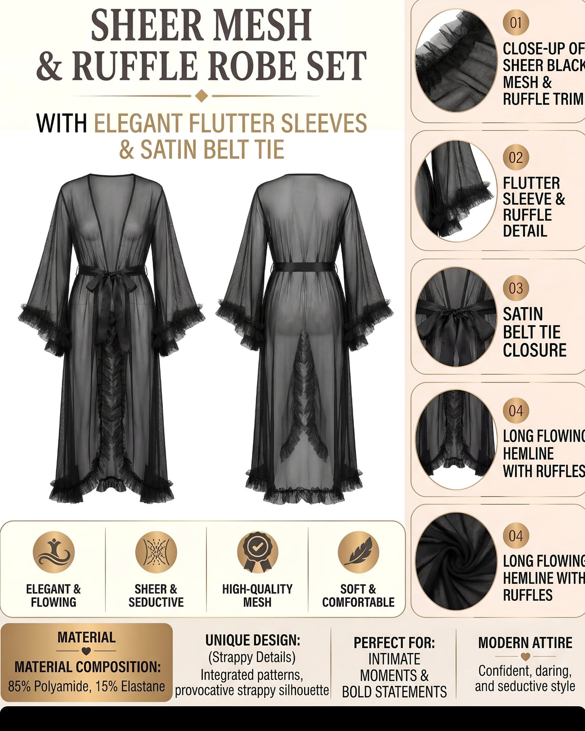 Linsori - Noir Sheer Ruffled Evening Robe Plus Size - product detail