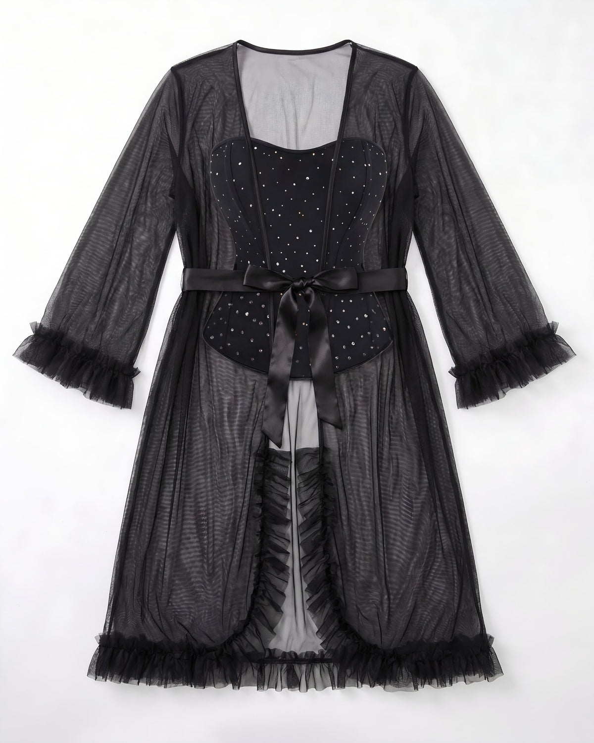 Linsori - Noir Sheer Ruffled Evening Robe Plus Size - white background