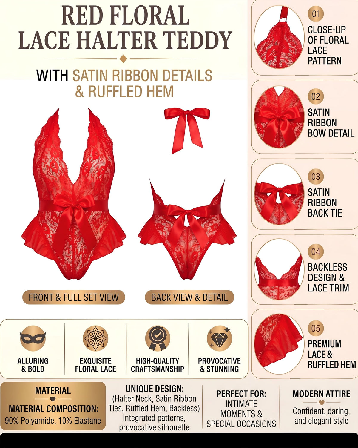 Linsori Scarlet Ruffled Lace Teddy Plus Size -  Product detail view
