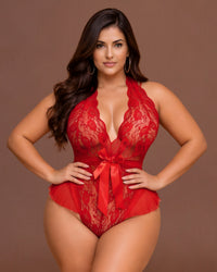 Linsori Scarlet Ruffled Lace Teddy Plus Size - Front view 