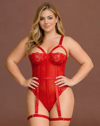 Linsori Crimson Lace Evening Bodysuit Plus Size - Front view 