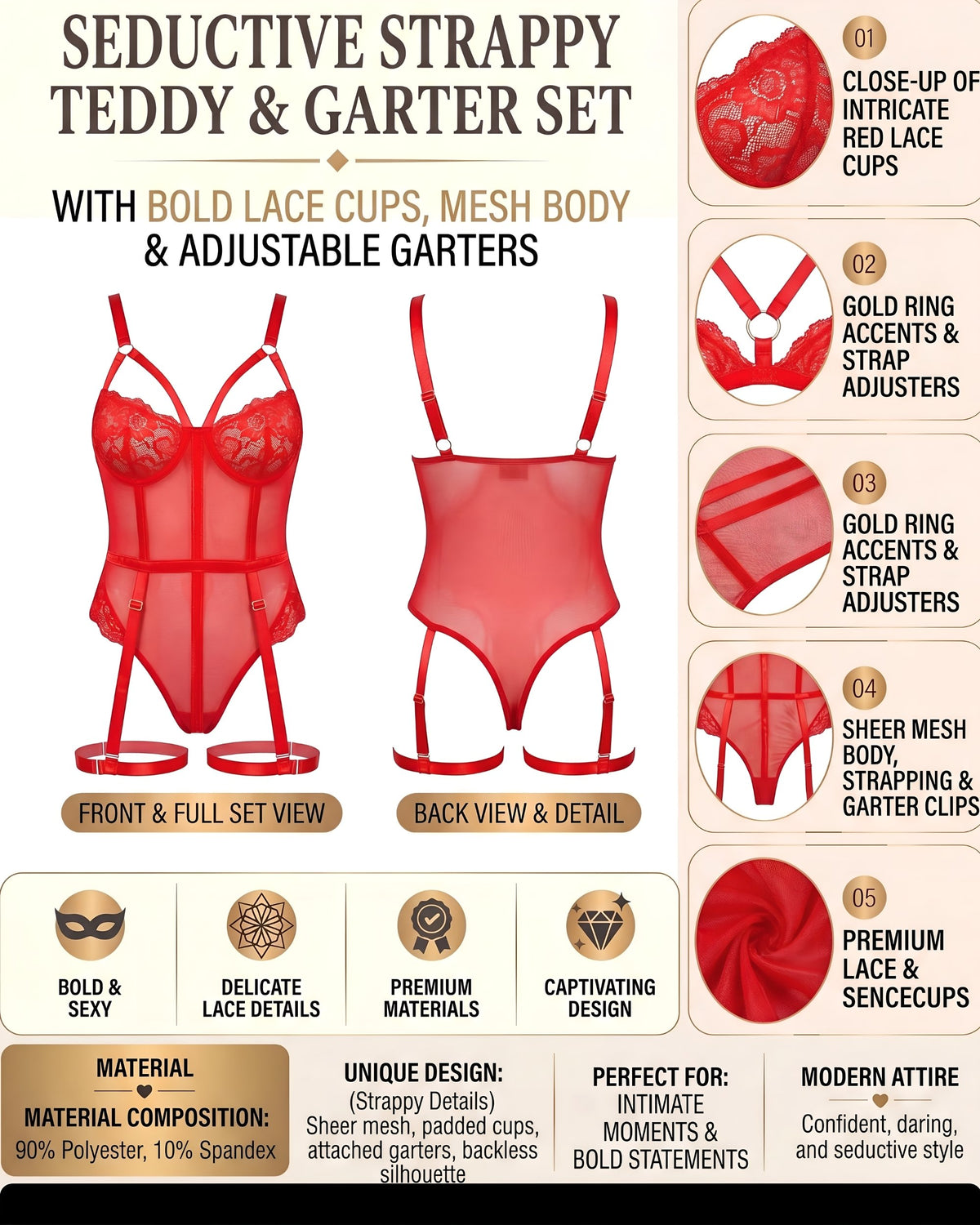 Linsori Crimson Lace Suspender Bodysuit -  Product detail view