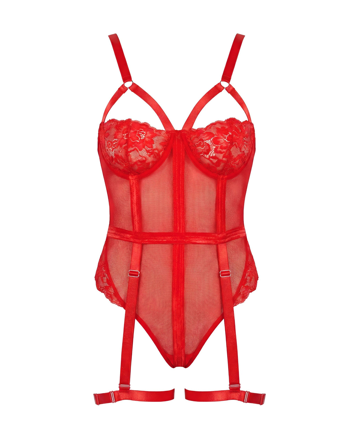 Linsori Crimson Lace Suspender Bodysuit - White background view