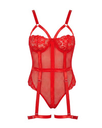 Linsori Crimson Lace Suspender Bodysuit - White background view
