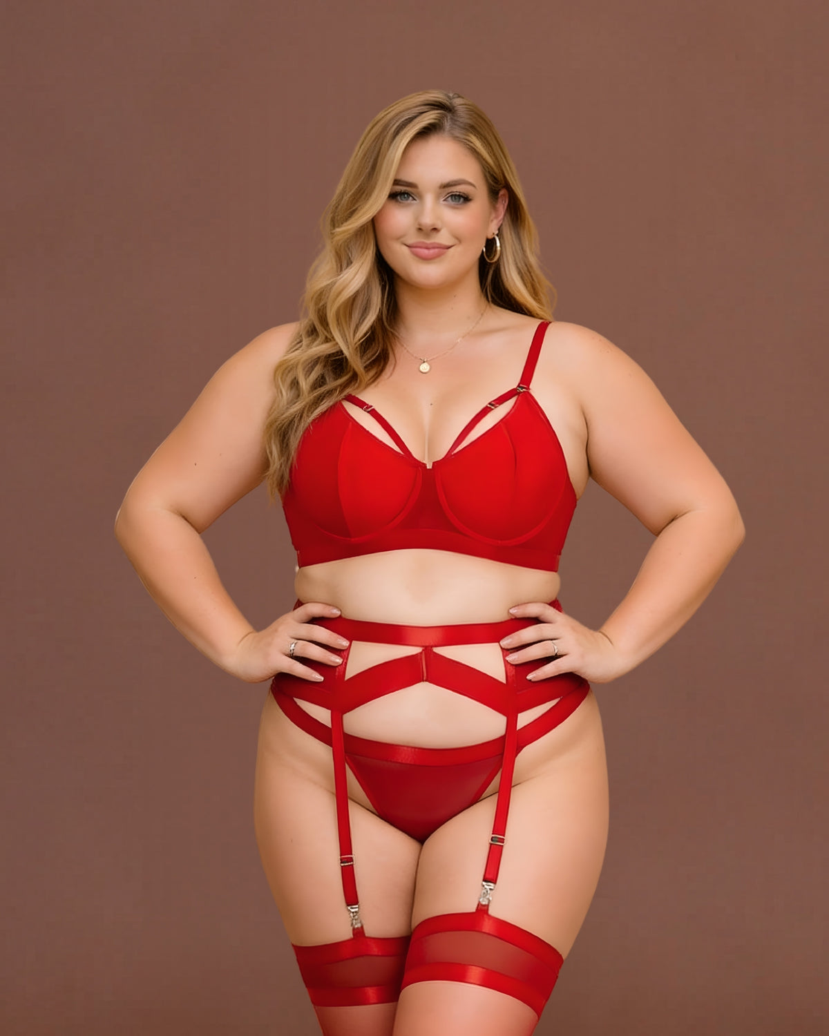 Linsori Scarlet Bondage Garter Set — Plus Size - Front view 