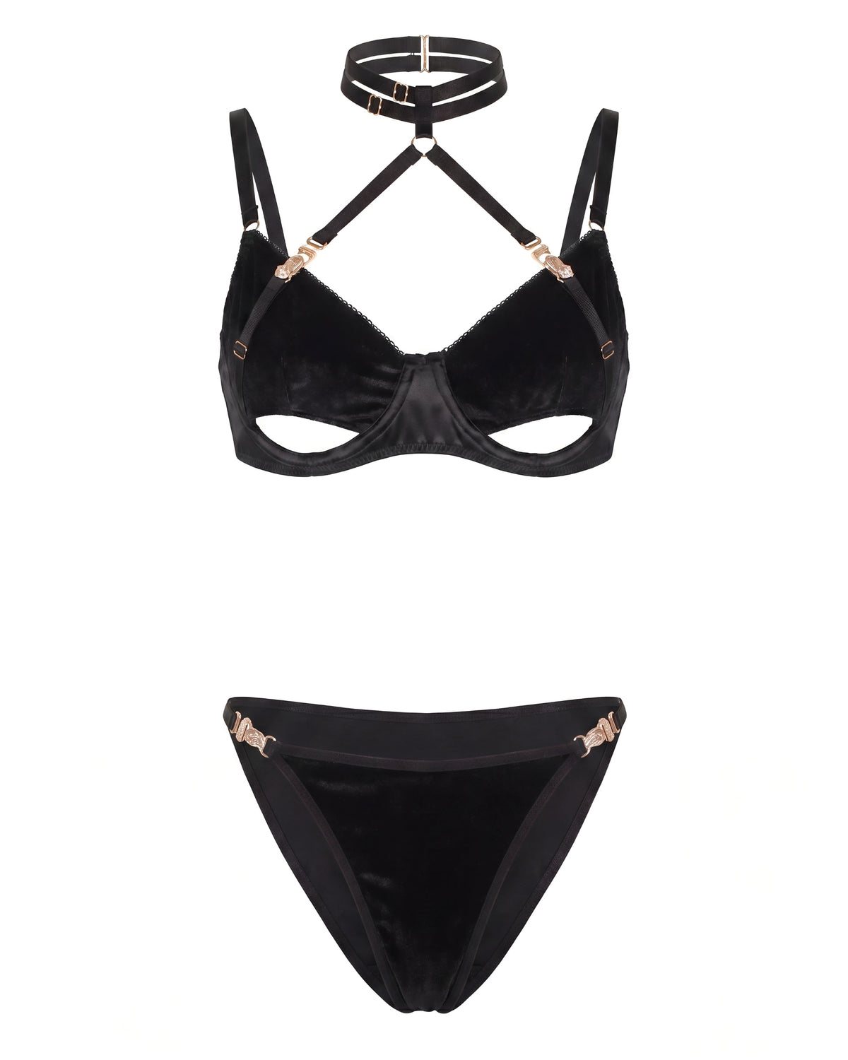 Linsori Noir Velvet Halter Bra Set - White background view
