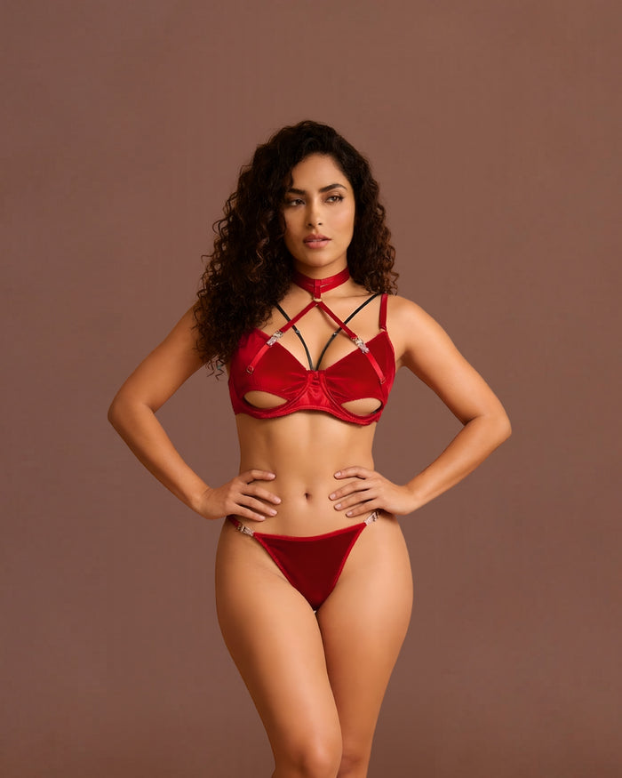 Linsori Scarlet Velvet Halter Bra Set - Front view 
