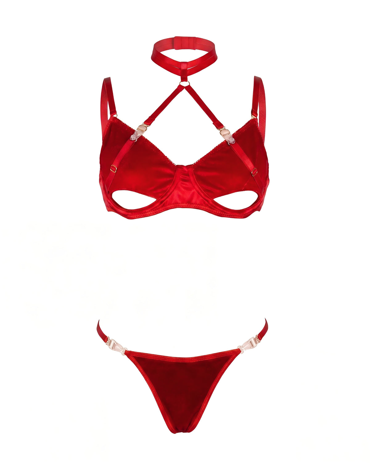 Linsori Scarlet Velvet Halter Bra Set - White background view