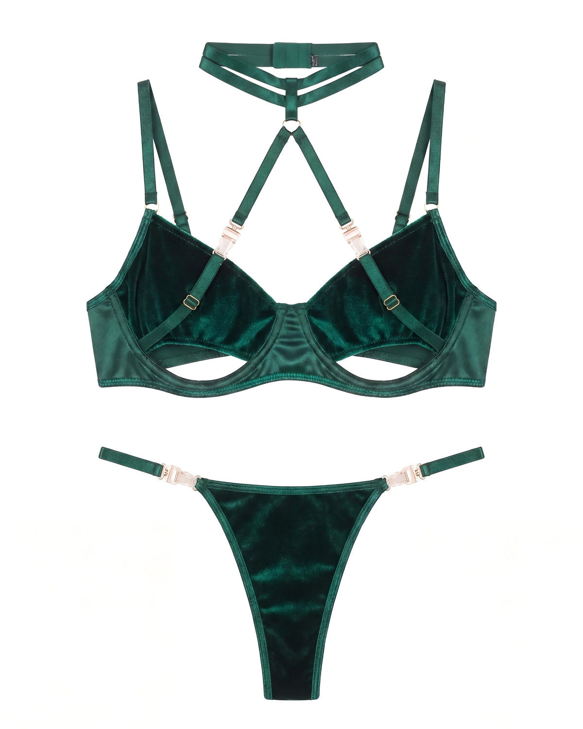 Linsori Emerald Velvet Halter Bra Set - White background view
