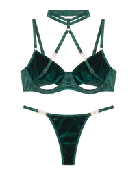 Linsori Emerald Velvet Halter Bra Set - White background view