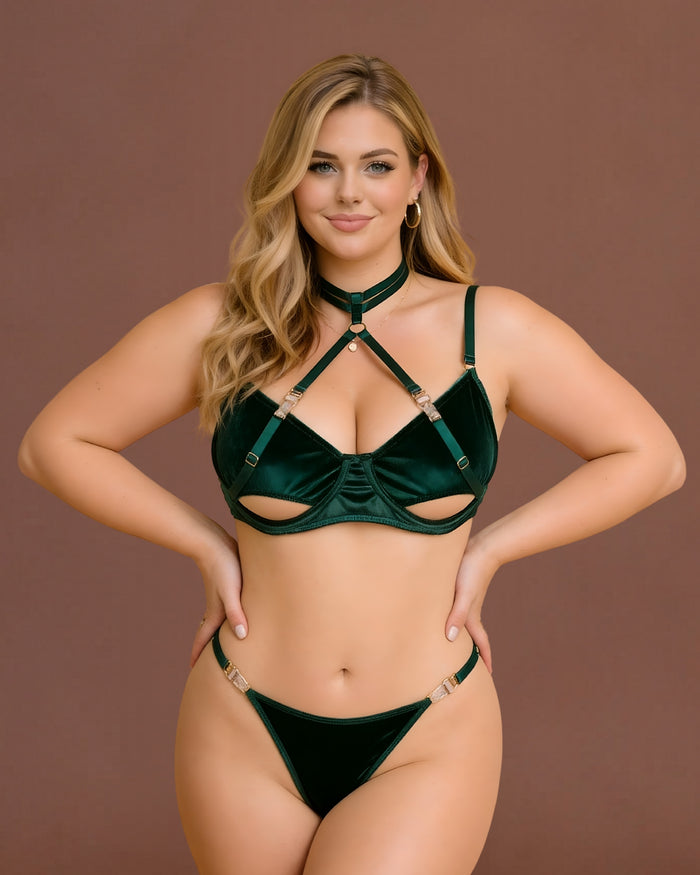 Linsori Velvet Halter Bra Delicate Set Plus Size - Front view 