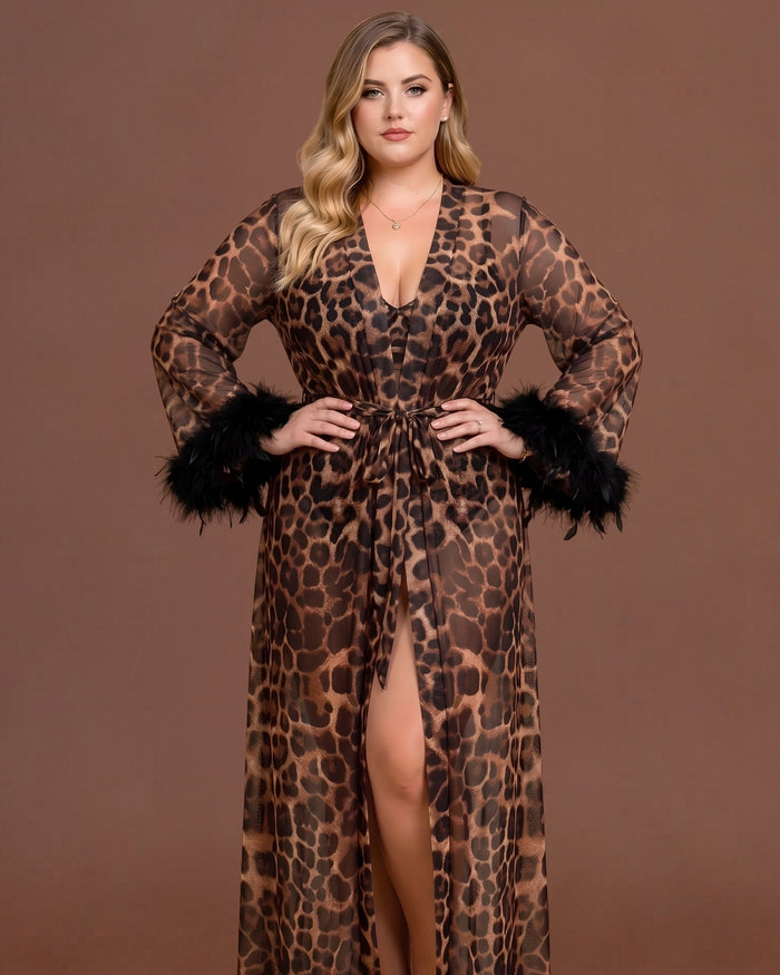 Linsori Wild Nights Feather Trim Robe Plus Size - Front view 