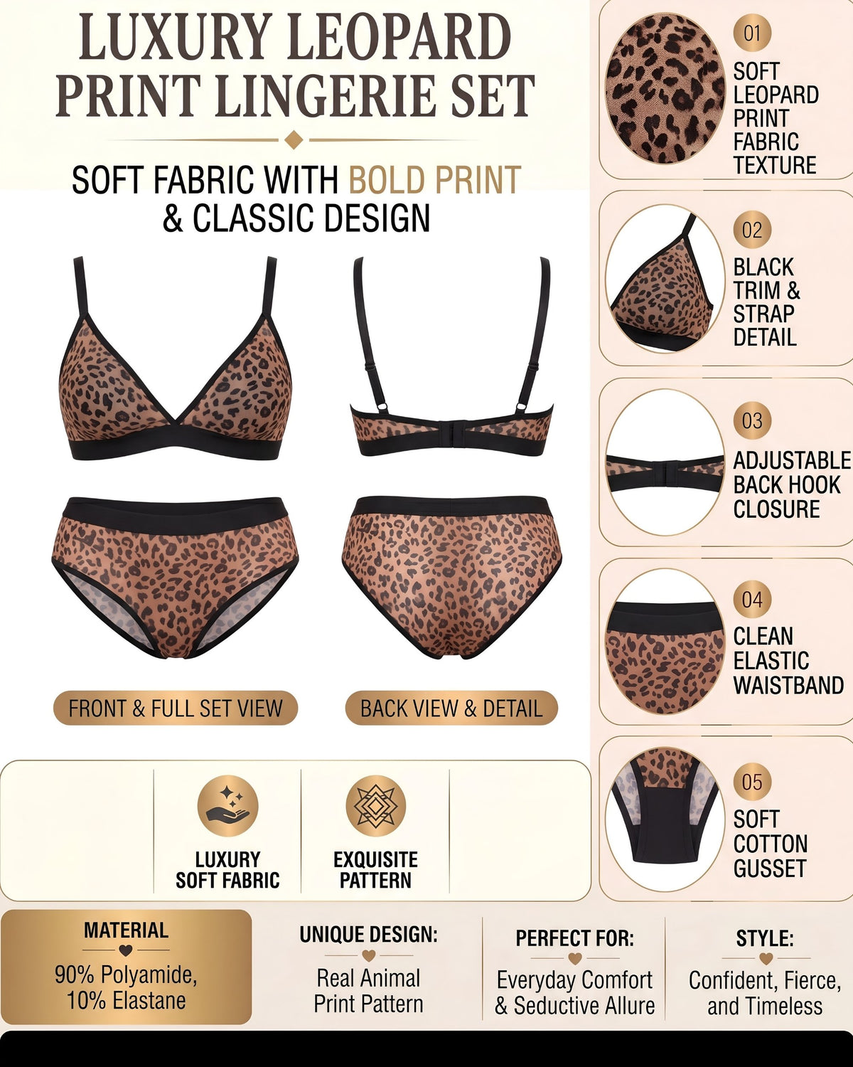 Linsori Leopard Mesh Bra Delicate Set Plus Size -  Product detail view