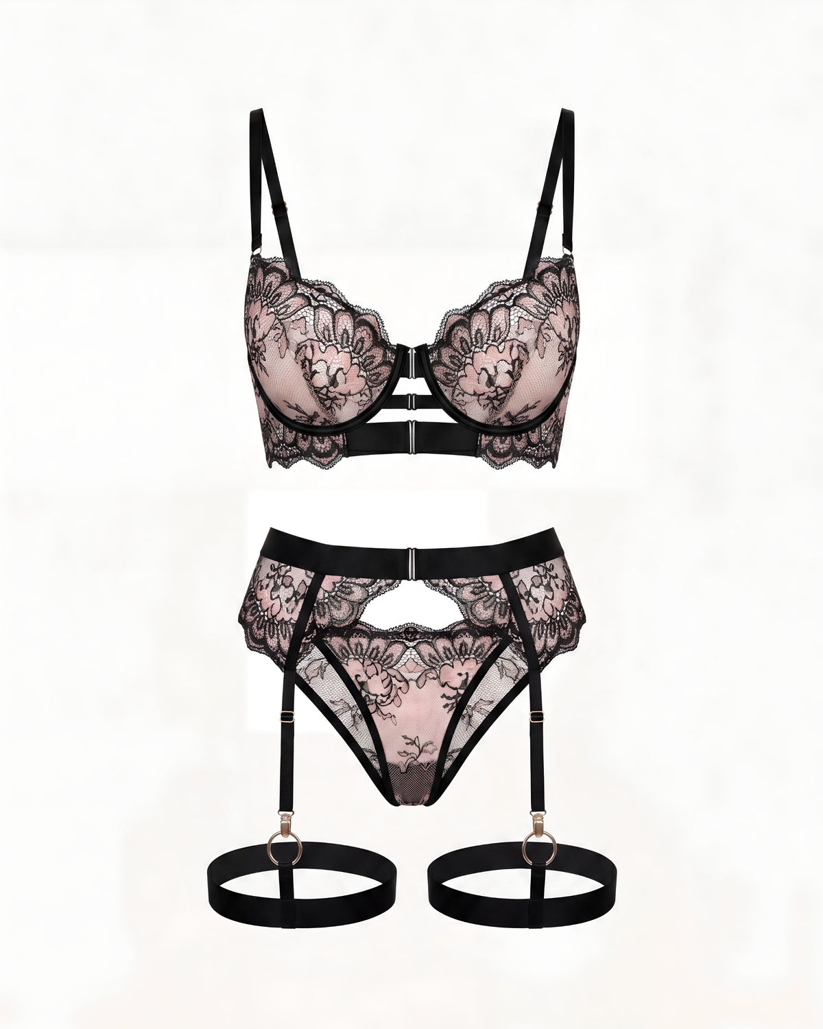 Linsori Noir Strapped Mesh Bra Set Plus Size - White background view