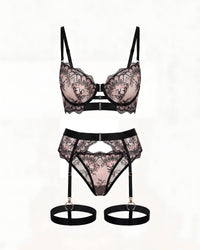 Linsori Noir Strapped Mesh Bra Set Plus Size - White background view