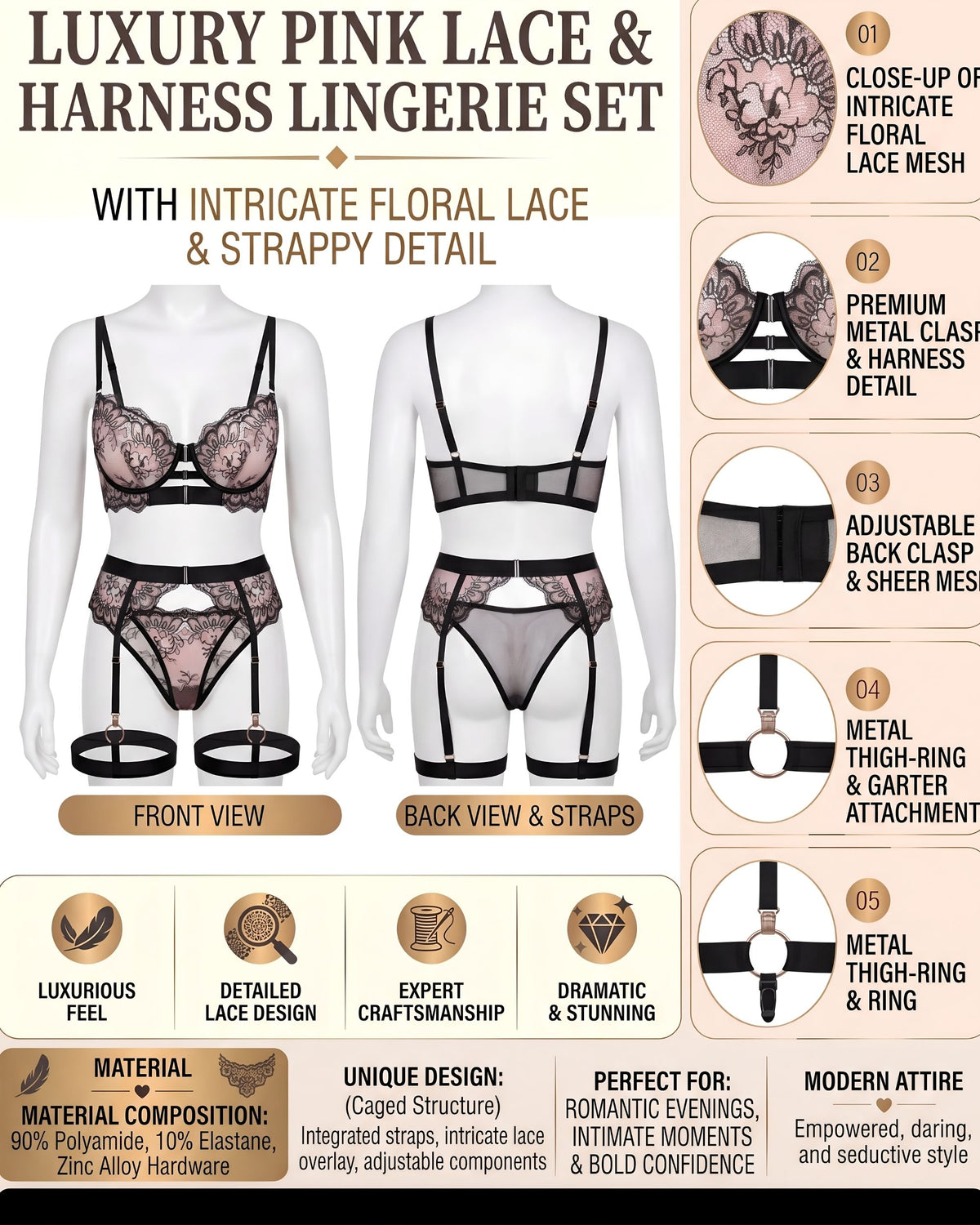 Linsori Noir Strapped Mesh Bra Set Plus Size -  Product detail view
