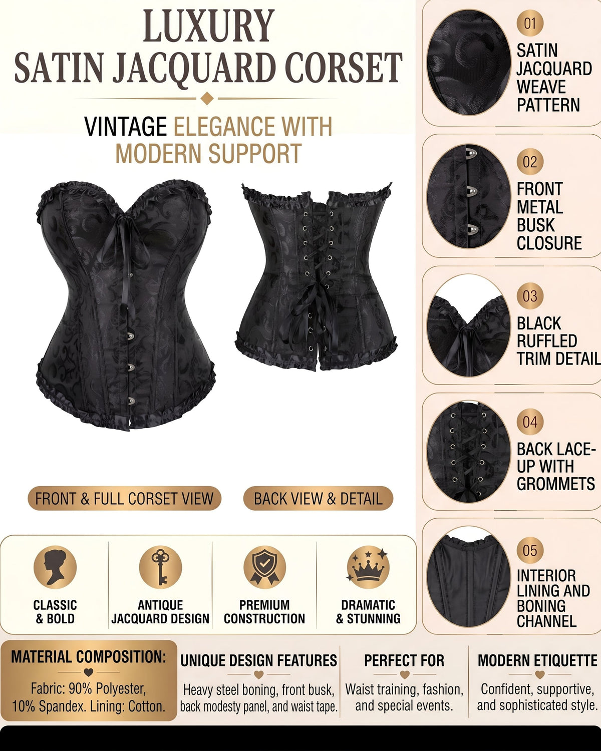 Linsori Noir Brocade Sweetheart Corset — Plus Size -  Product detail view
