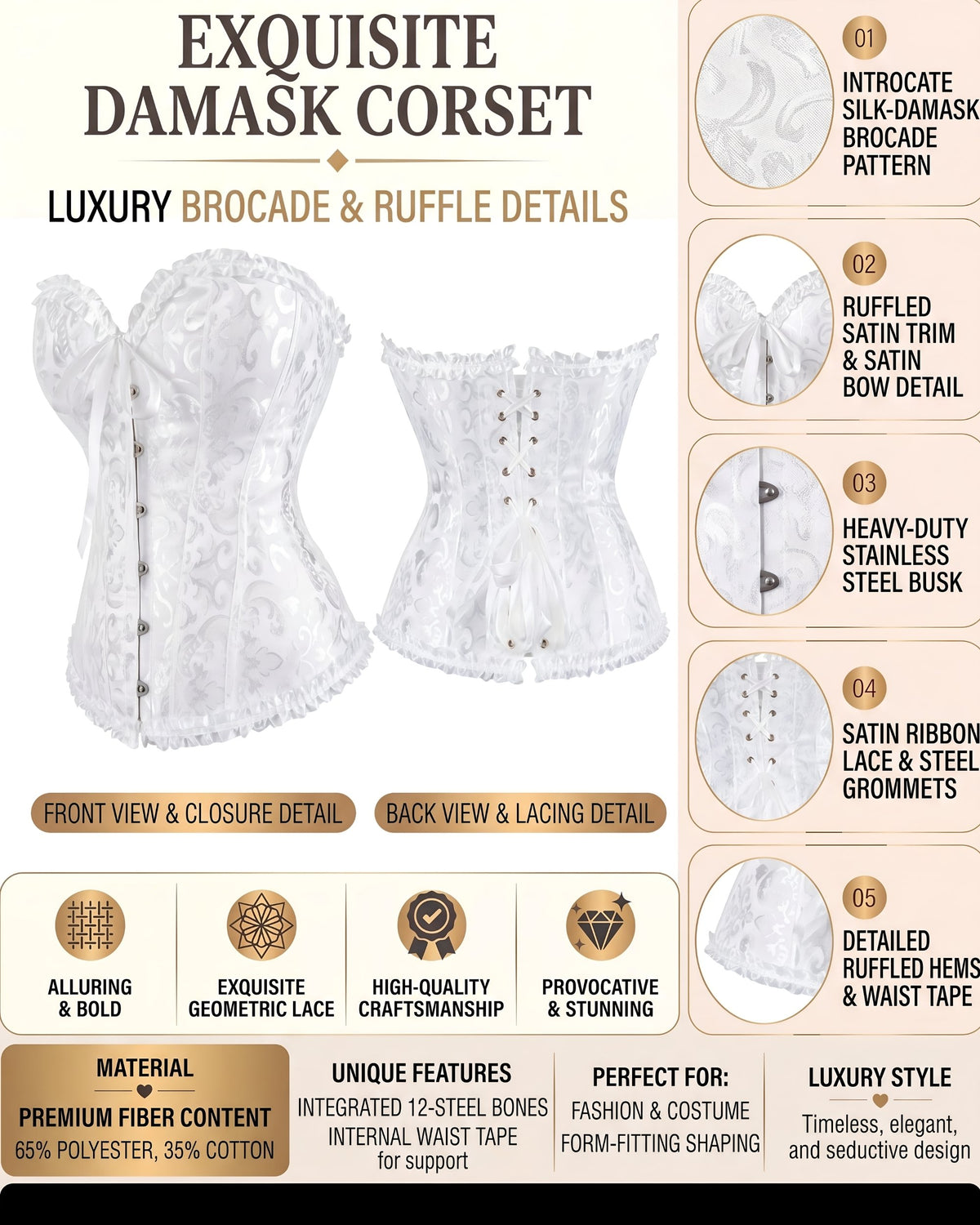 Linsori Ivory Brocade Bridal Corset — Plus Size -  Product detail view