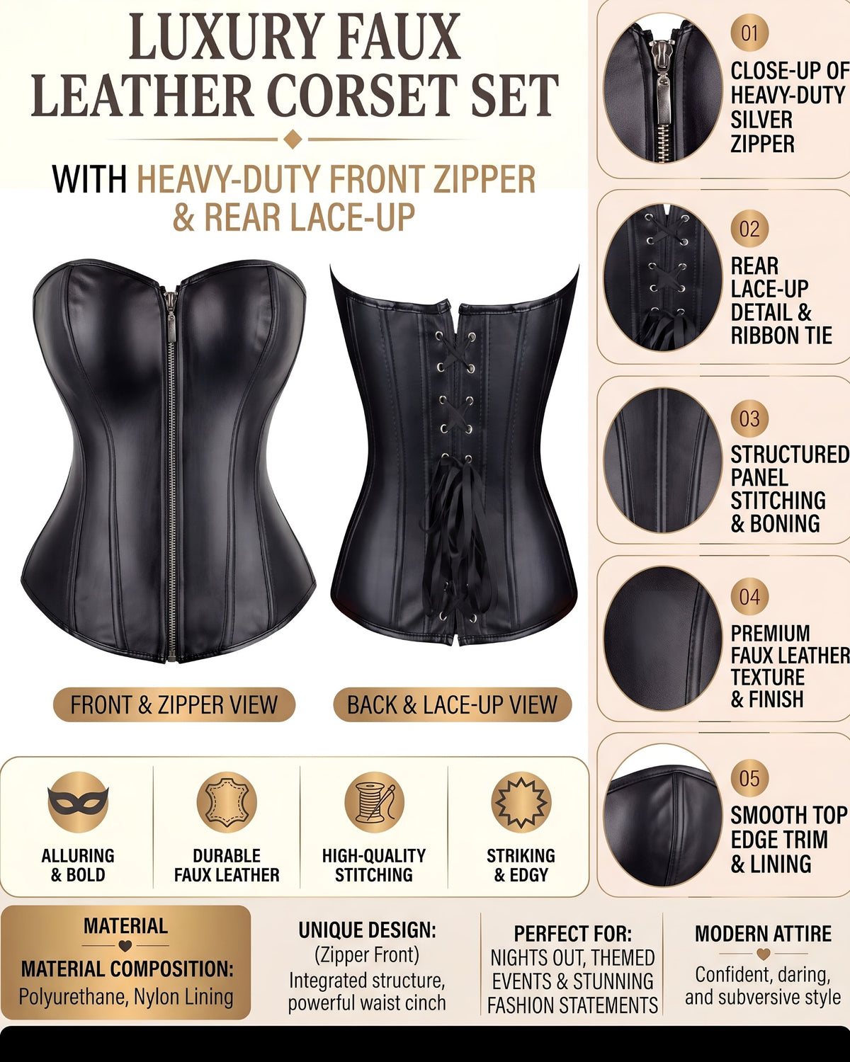 Linsori Obsidian Leather-Look Lace-Up Corset — Plus Size -  Product detail view