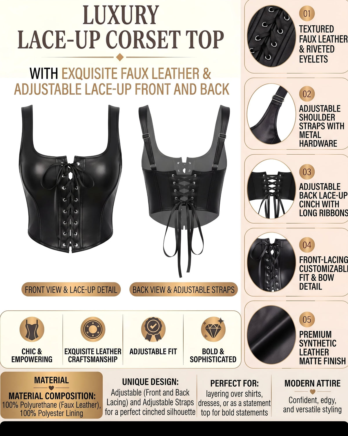 Linsori Noir Leather-Look Corset Top Plus Size -  Product detail view