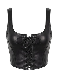 Linsori Noir Leather-Look Corset Top Plus Size - White background view
