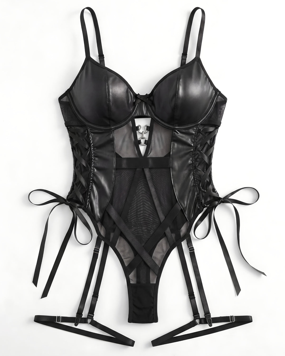 Linsori Shadow Mesh Bodysuit with Garters Plus Size - White background view