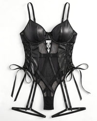 Linsori Shadow Mesh Bodysuit with Garters Plus Size - White background view