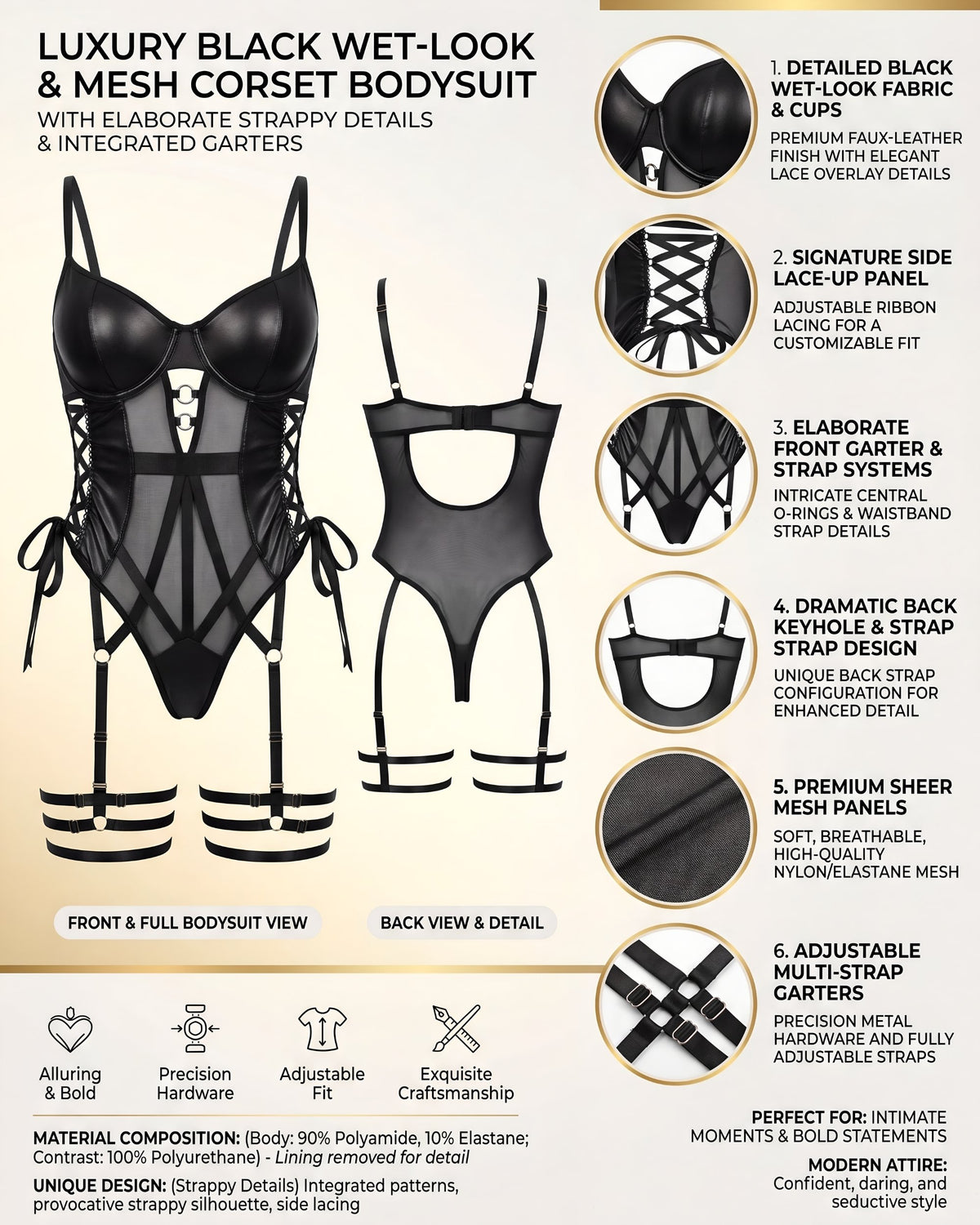 Linsori Shadow Mesh Bodysuit with Garters Plus Size -  Product detail view