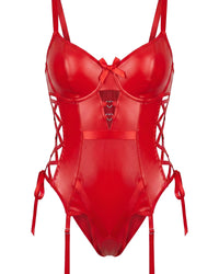 Linsori Crimson Leather & Mesh Bodysuit Plus Size - White background view