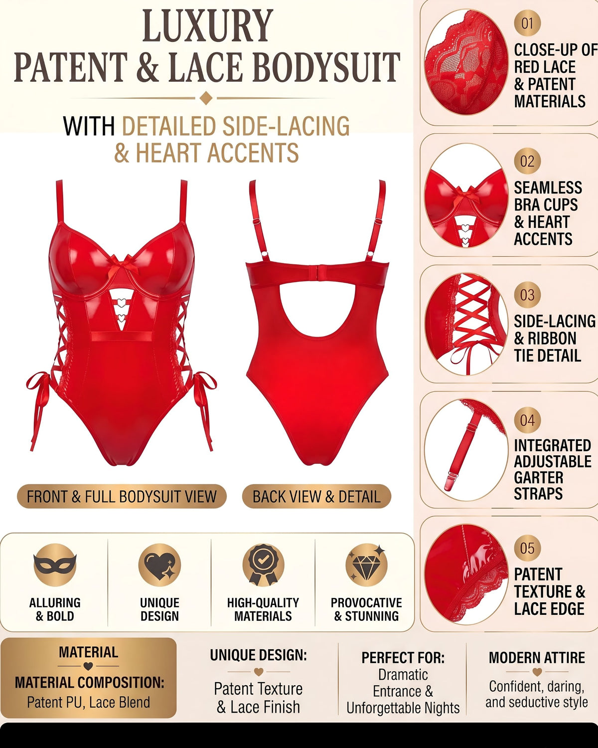 Linsori Crimson Leather & Mesh Bodysuit Plus Size -  Product detail view